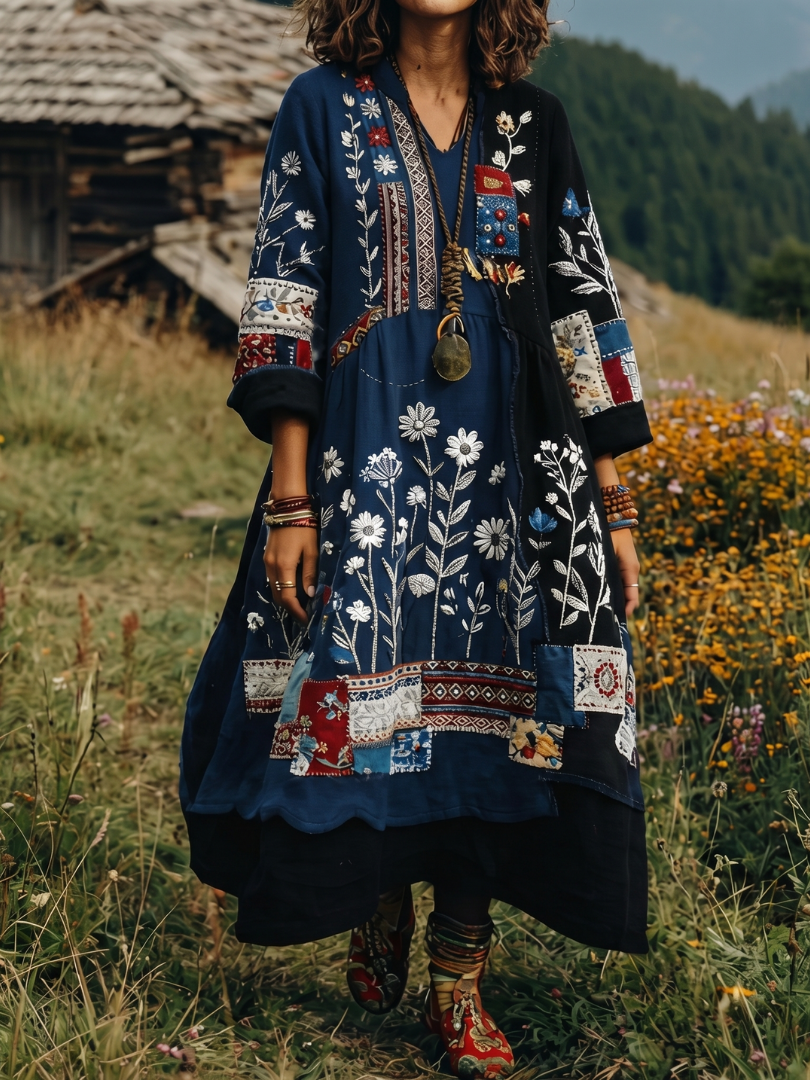 Alix | Robe midi à manches longues avec panneaux brodés
