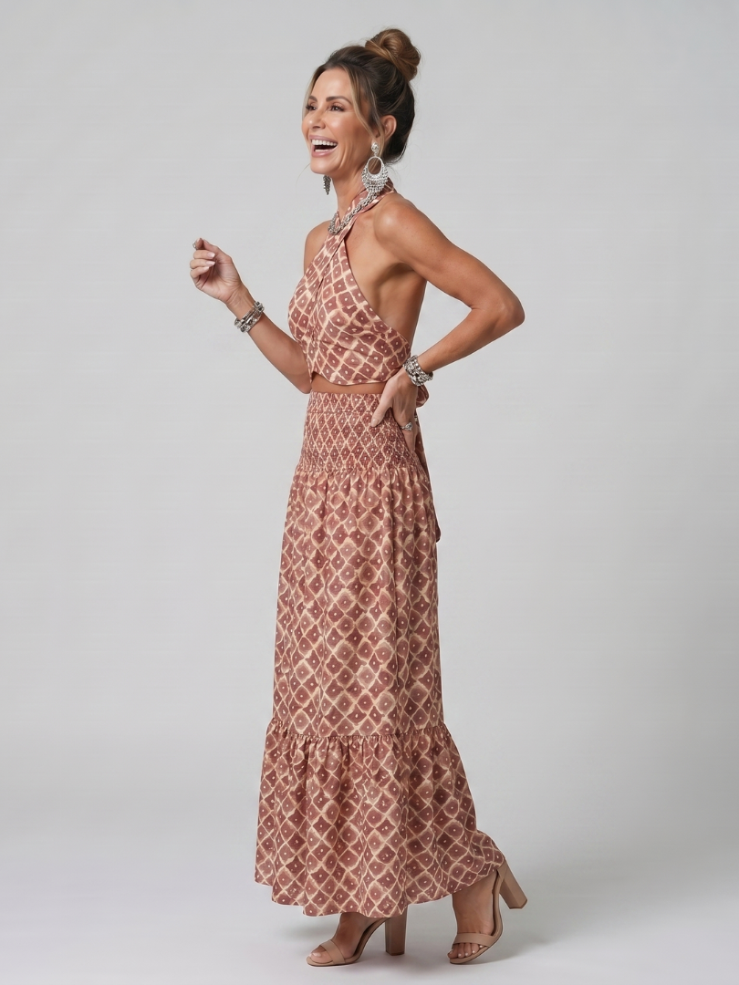 Amira | Robe Midi Découpée à Imprimé Géométrique à Encolure Croisée