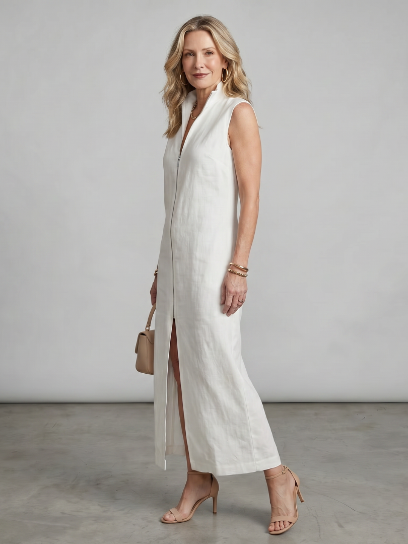 Olive | Robe Midi à Col Montant et Fente Avant