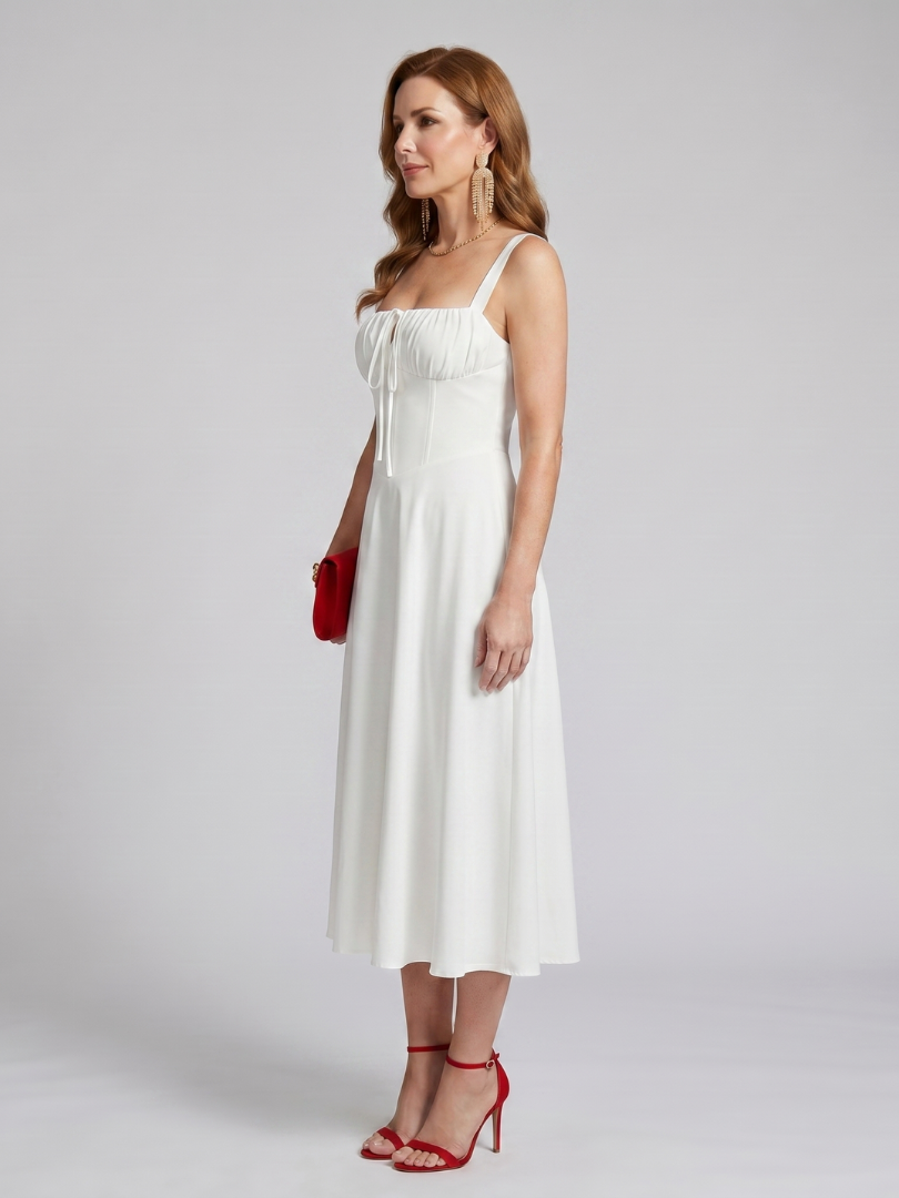 Zenobia | Robe Midi à Bretelles Spaghetti avec Corps Froncé