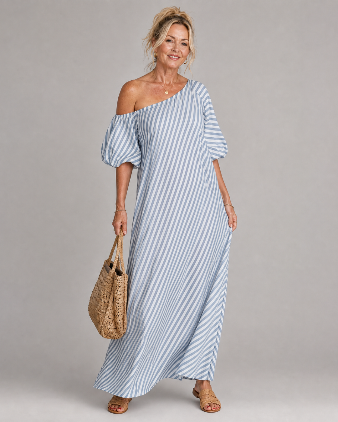 Zamrina | Robe Midi à Manches Bouffantes Rayée Décolleté Bardot