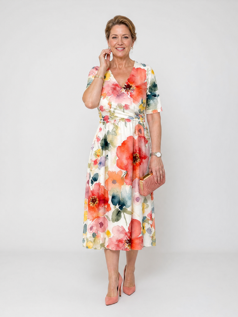 Corinne | Robe Midi à Imprimé Floral à Manches Courtes et Col V