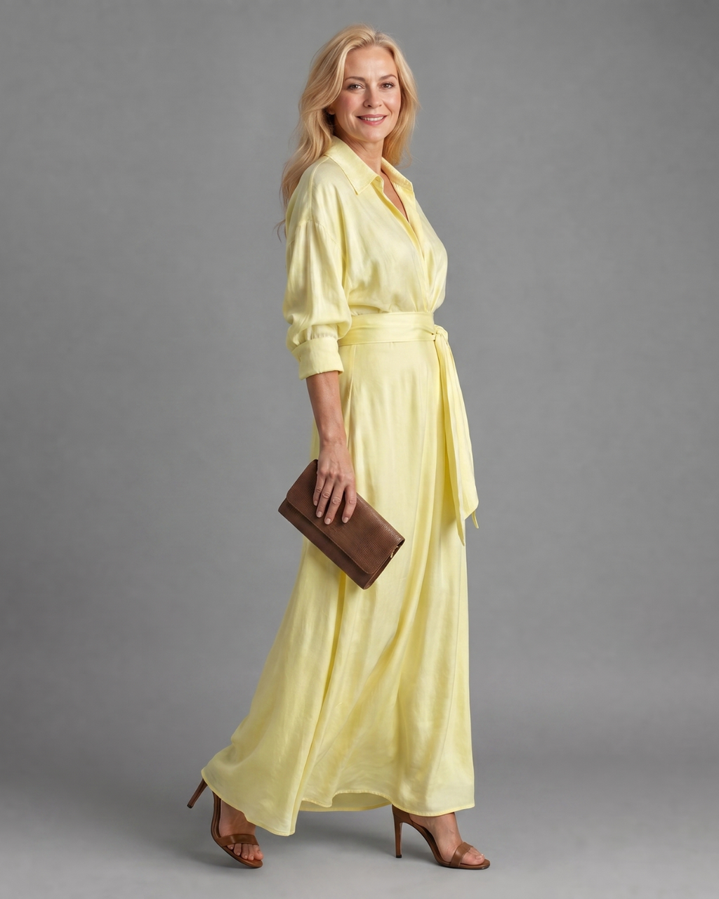 Zelith | Robe midi fluide à manches longues et col ceinturé