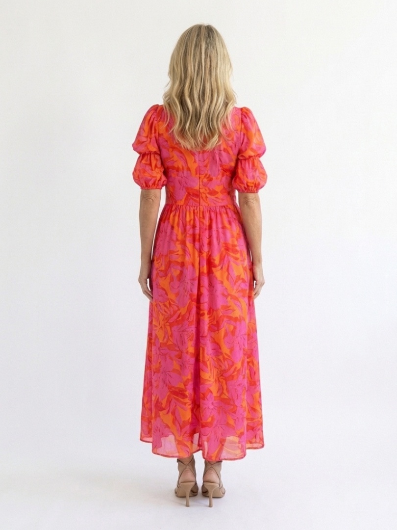 Saule | Robe Midi à Manches Bouffantes et Col V Floral