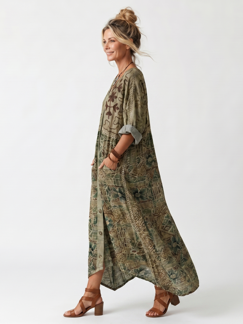 Aleta | Robe midi oversized à poches brodées et boutonnée