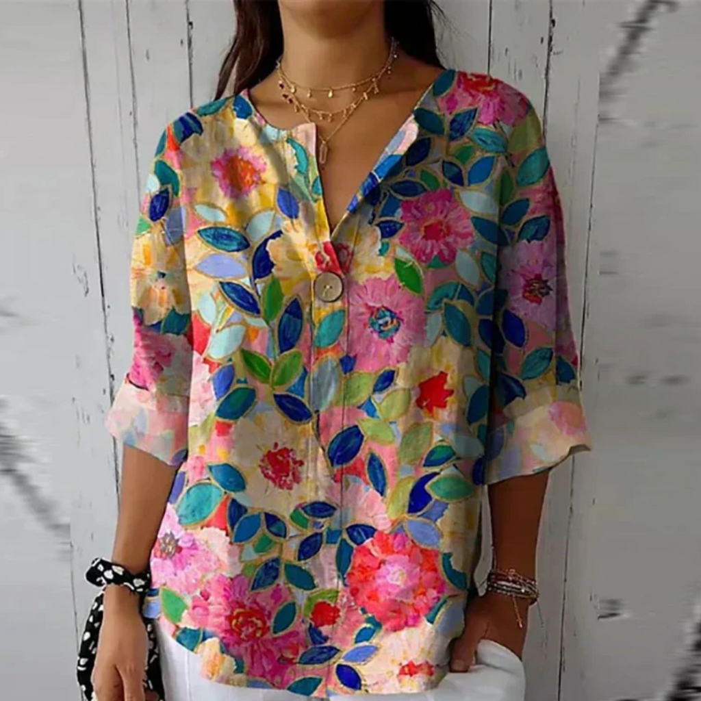 Blouse florale femme — manches 3/4 avec boutons — usage quotidien