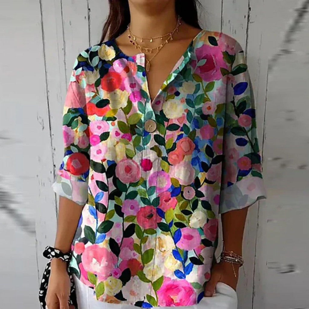 Blouse florale femme — manches 3/4 avec boutons — usage quotidien