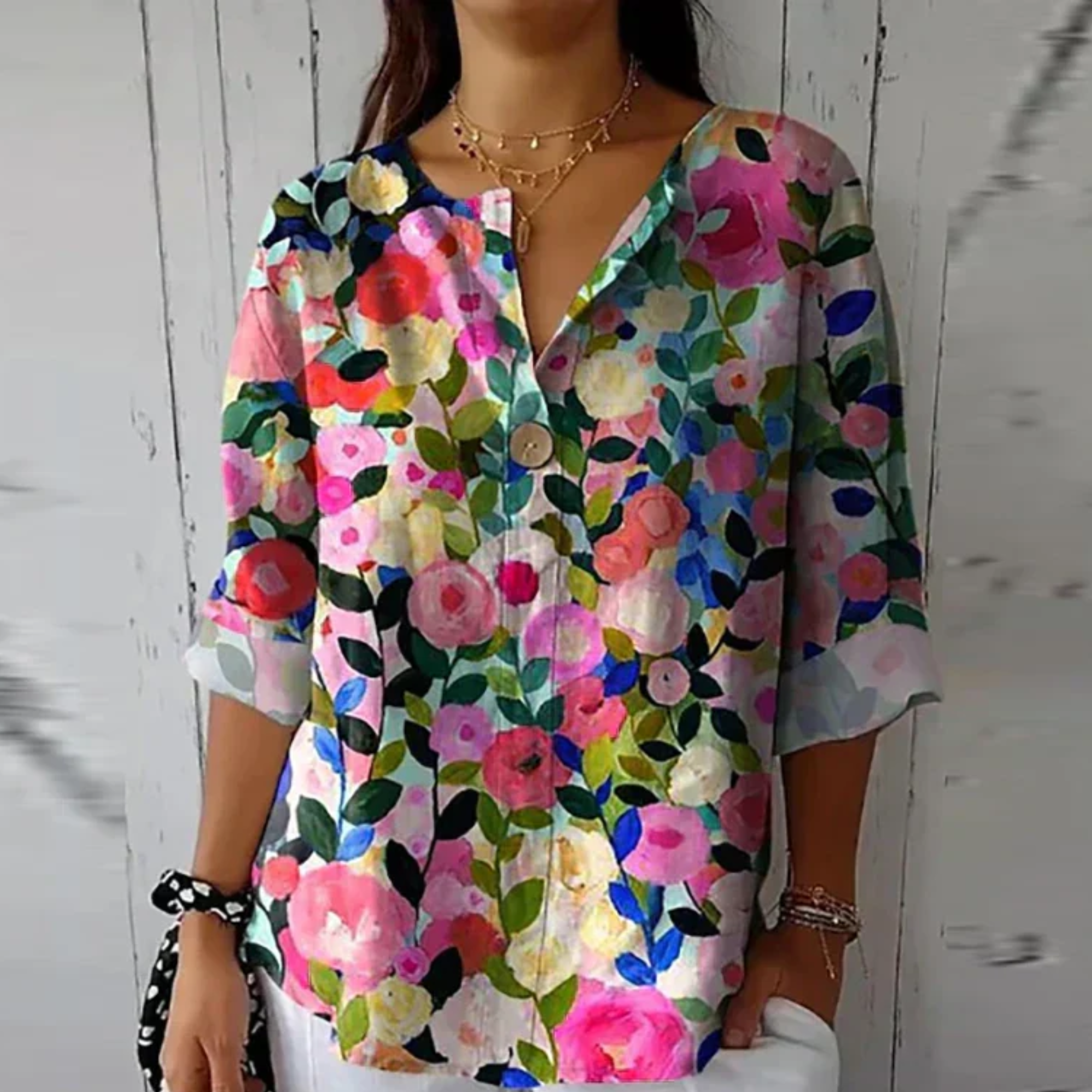 Blouse florale femme — manches 3/4 avec boutons — usage quotidien