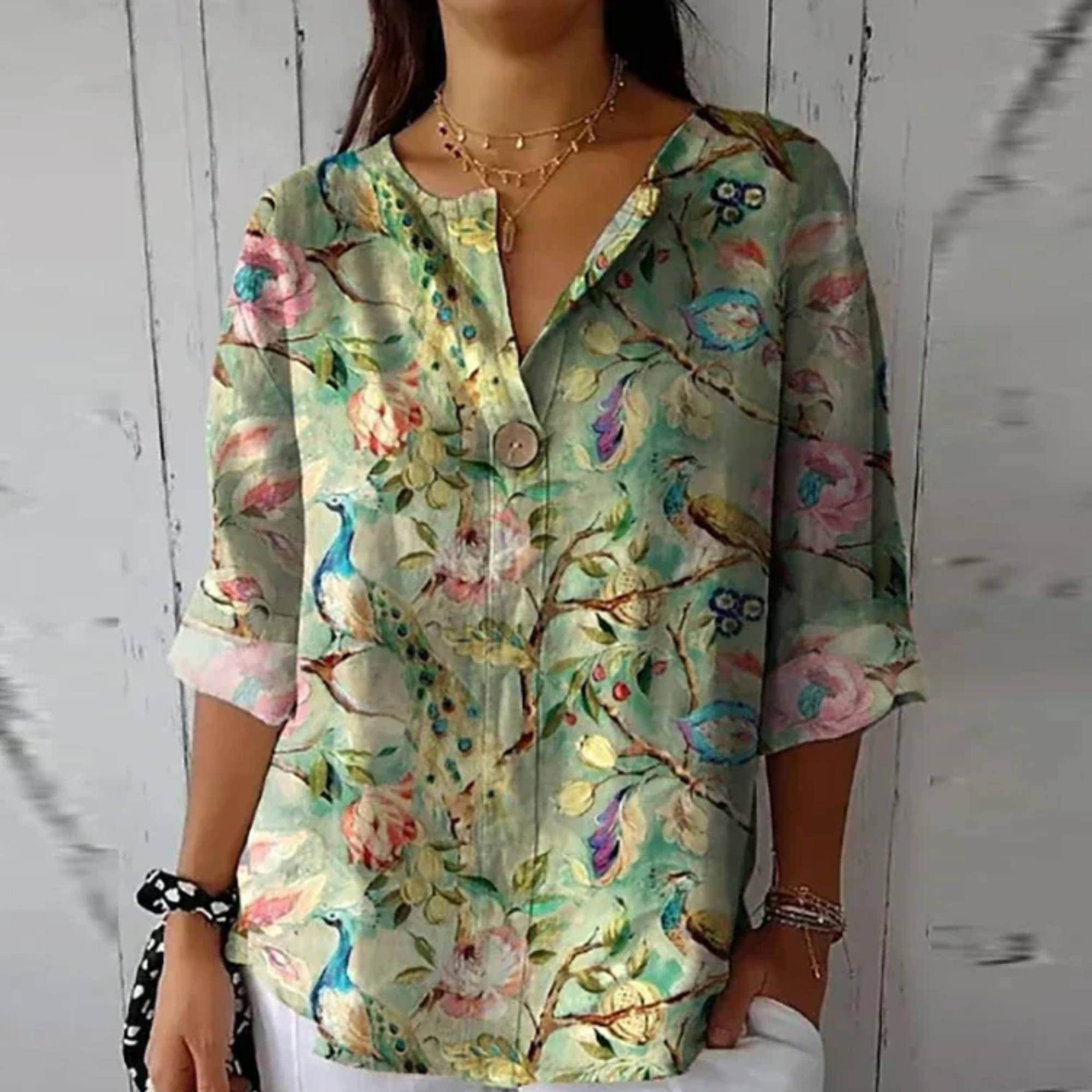 Blouse florale femme — manches 3/4 avec boutons — usage quotidien