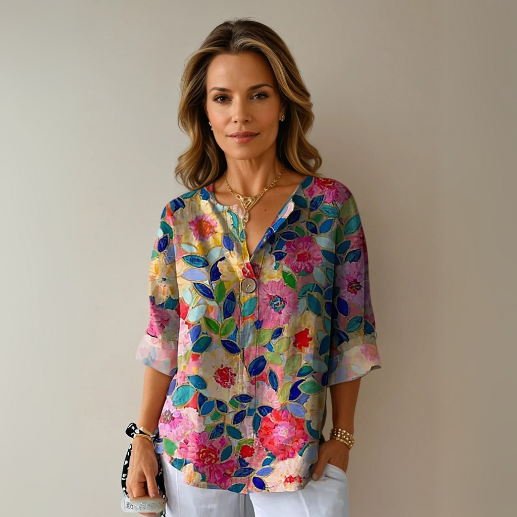 Blouse florale femme — manches 3/4 avec boutons — usage quotidien