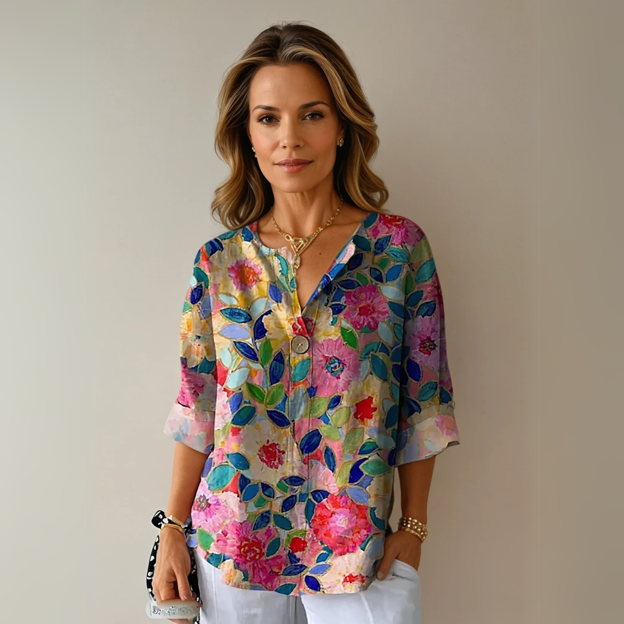 Blouse florale femme — manches 3/4 avec boutons — usage quotidien