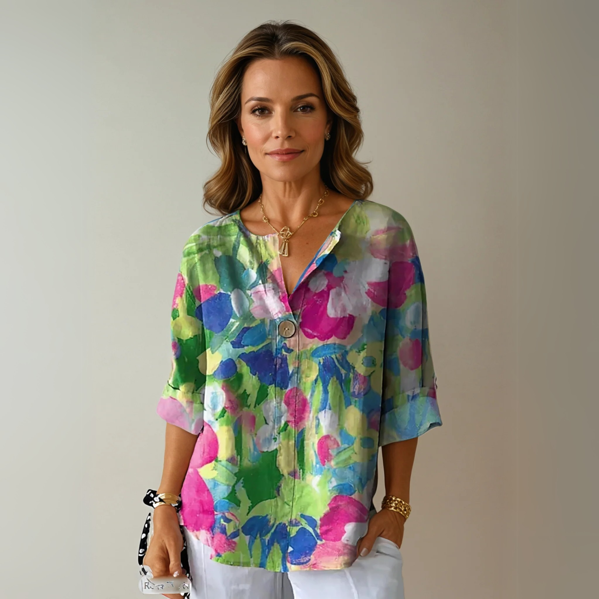 Blouse florale femme — manches 3/4 avec boutons — usage quotidien