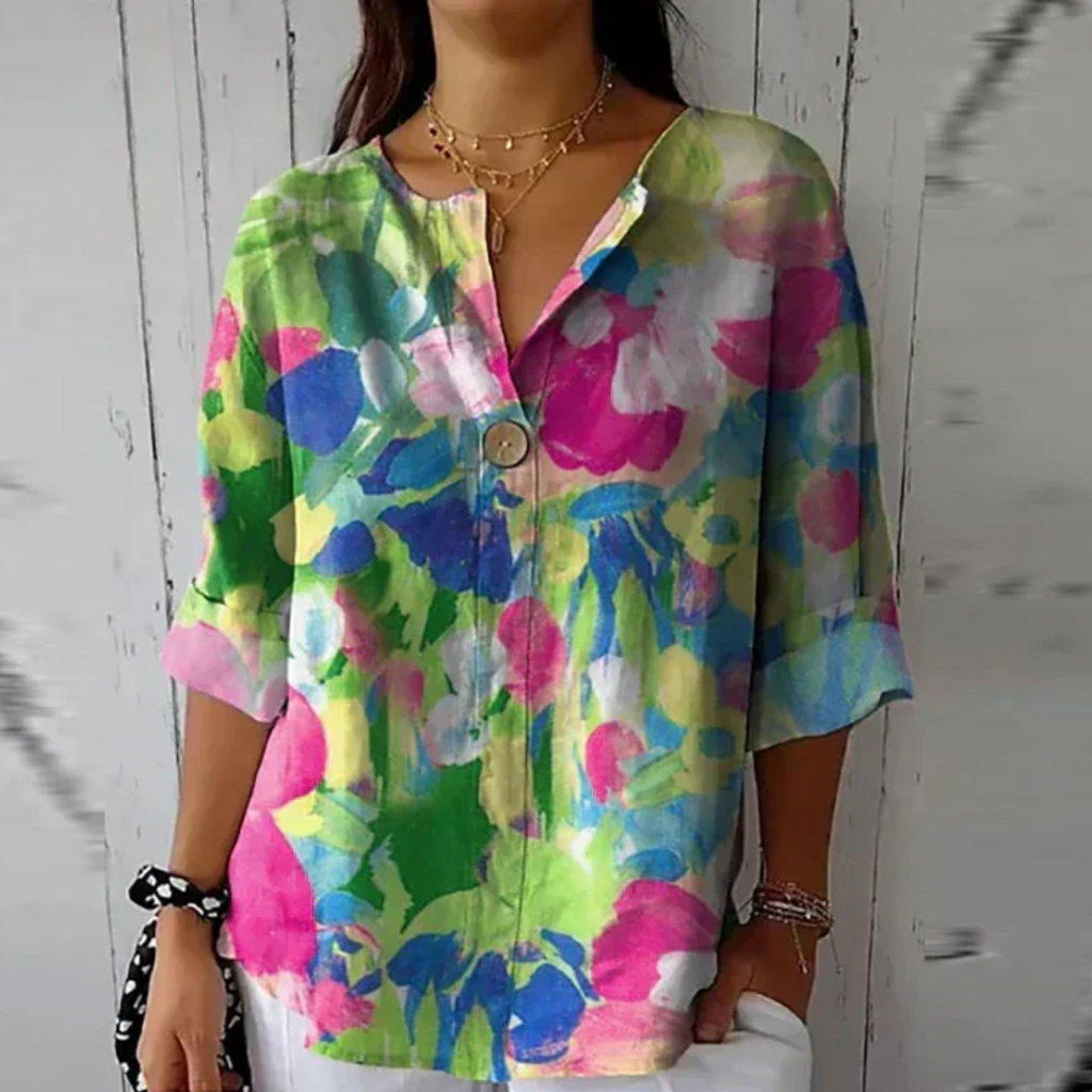 Blouse florale femme — manches 3/4 avec boutons — usage quotidien