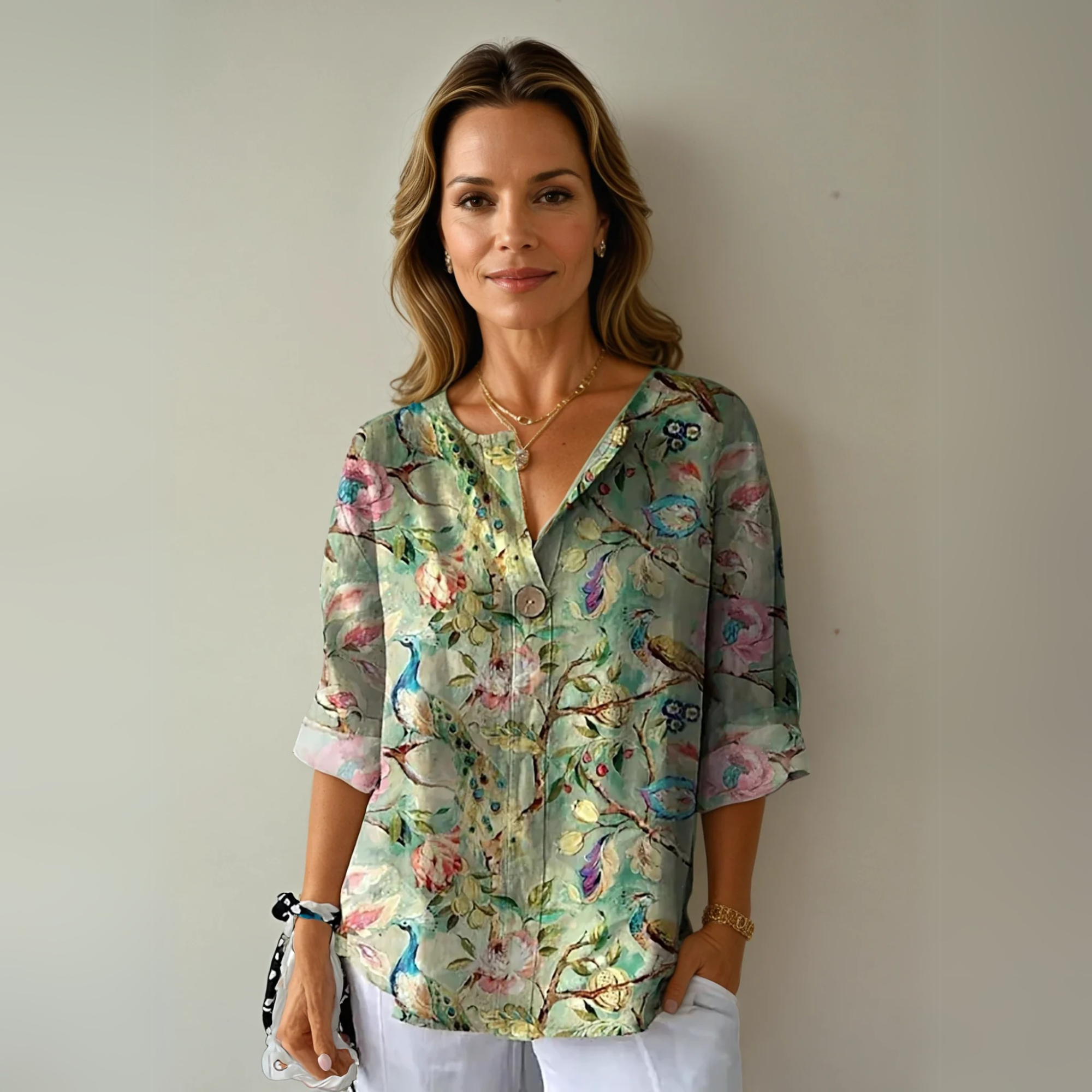 Blouse florale femme — manches 3/4 avec boutons — usage quotidien