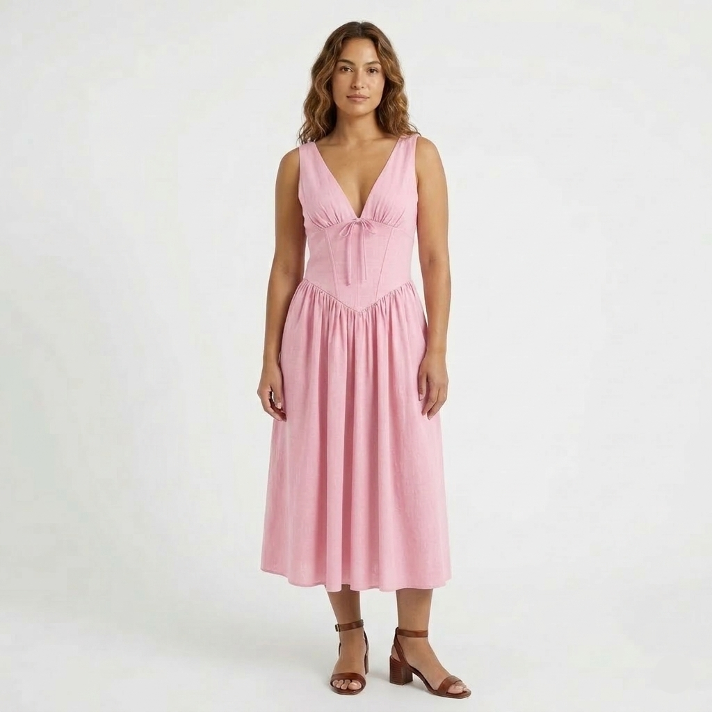 Robe Midi Femme Élégante Col V Taille Cintrée