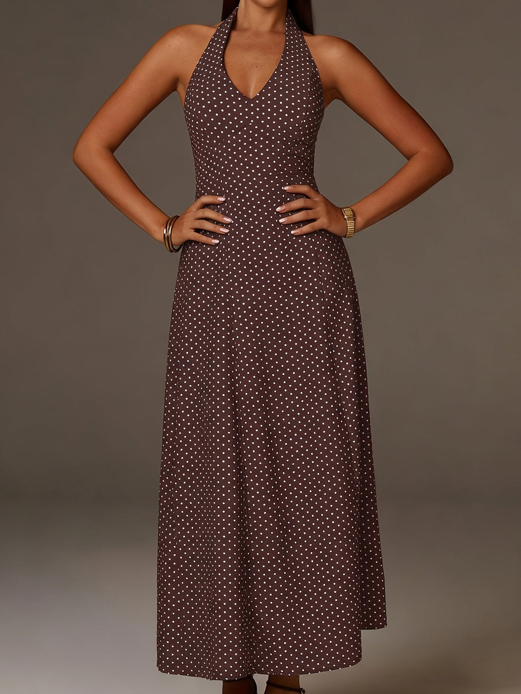 Robe Maxi à Pois avec Col Halter et Décolleté en V Profond pour Femme