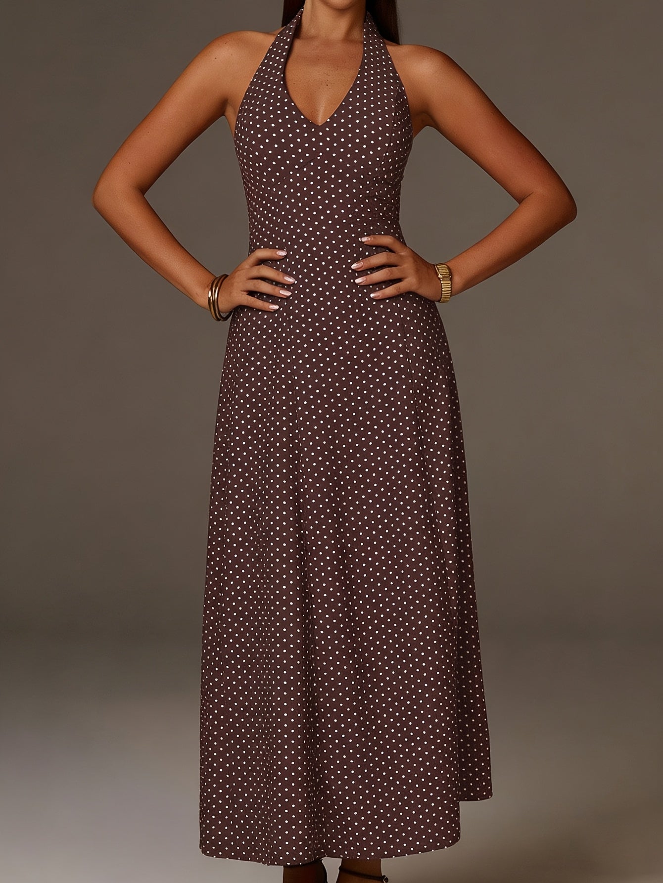 Robe Maxi à Pois avec Col Halter et Décolleté en V Profond pour Femme
