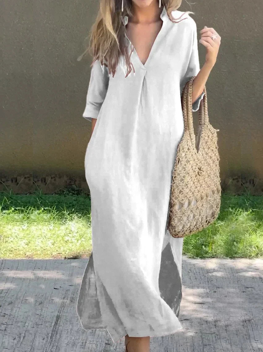 Robe femme unie avec décolleté en V, poche et décolleté en V