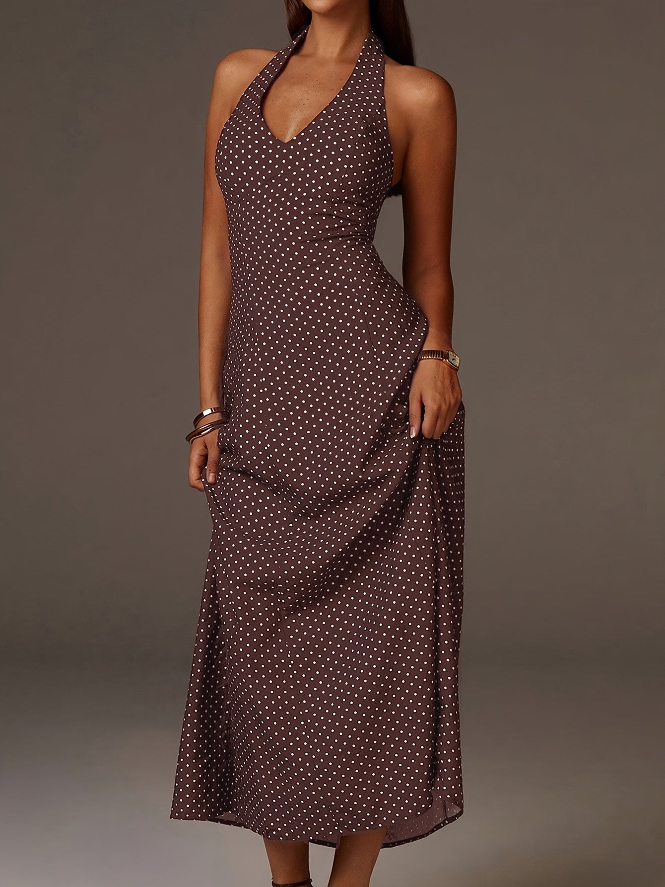 Robe Maxi à Pois avec Col Halter et Décolleté en V Profond pour Femme