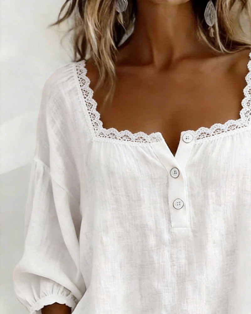 Blouse en Dentelle à Manches Bouffantes avec Encolure Carrée