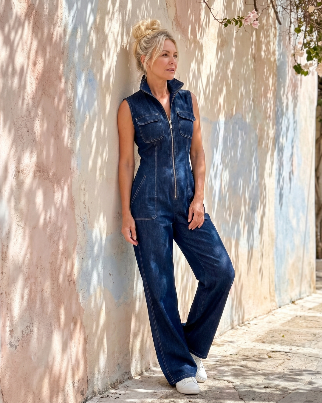 Samantha | Combinaison sans manches en denim à fermeture éclair devant