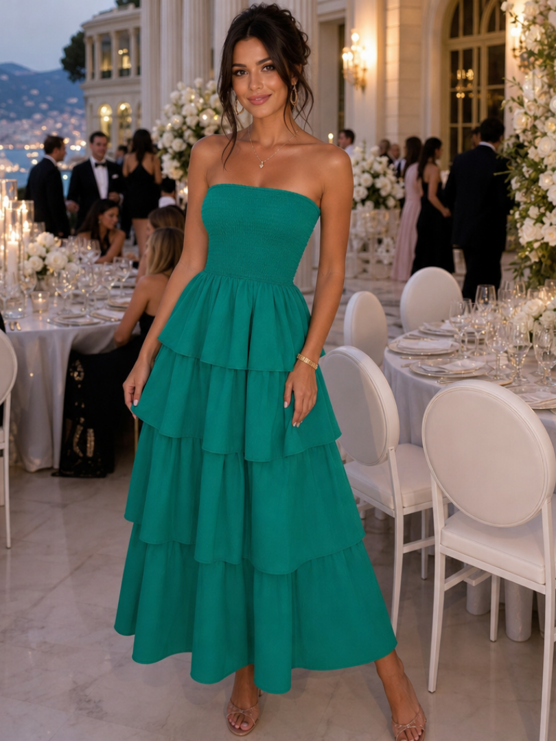 Gemma | Robe Midi à Corsage Froncé Sans Bretelles