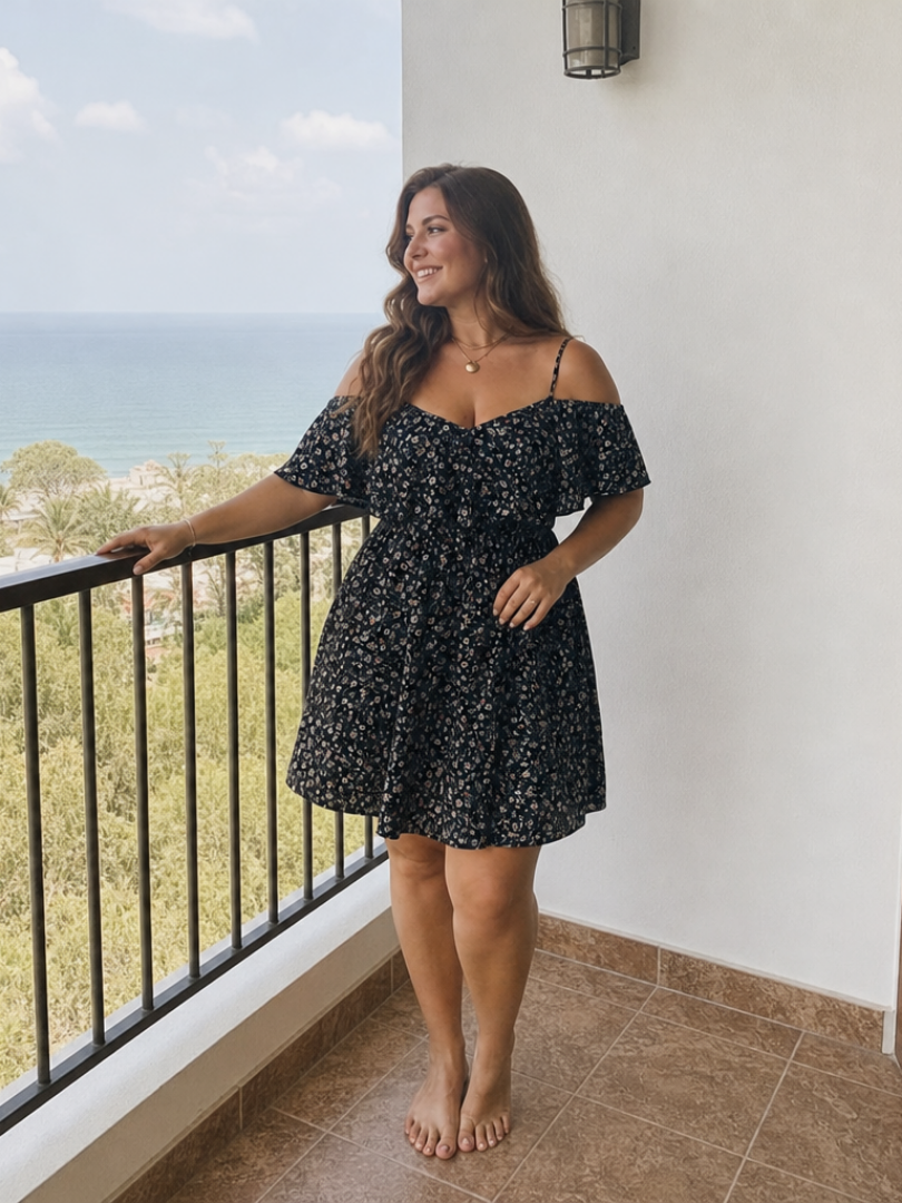 Novom | Robe à manches froides avec volants, longueur genou