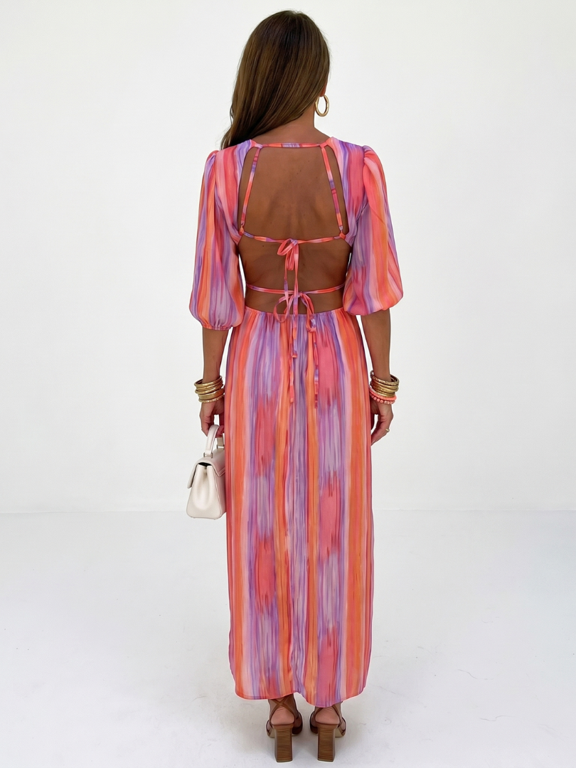 Gia | Robe Midi à Découpe à la Taille à Rayures Verticales