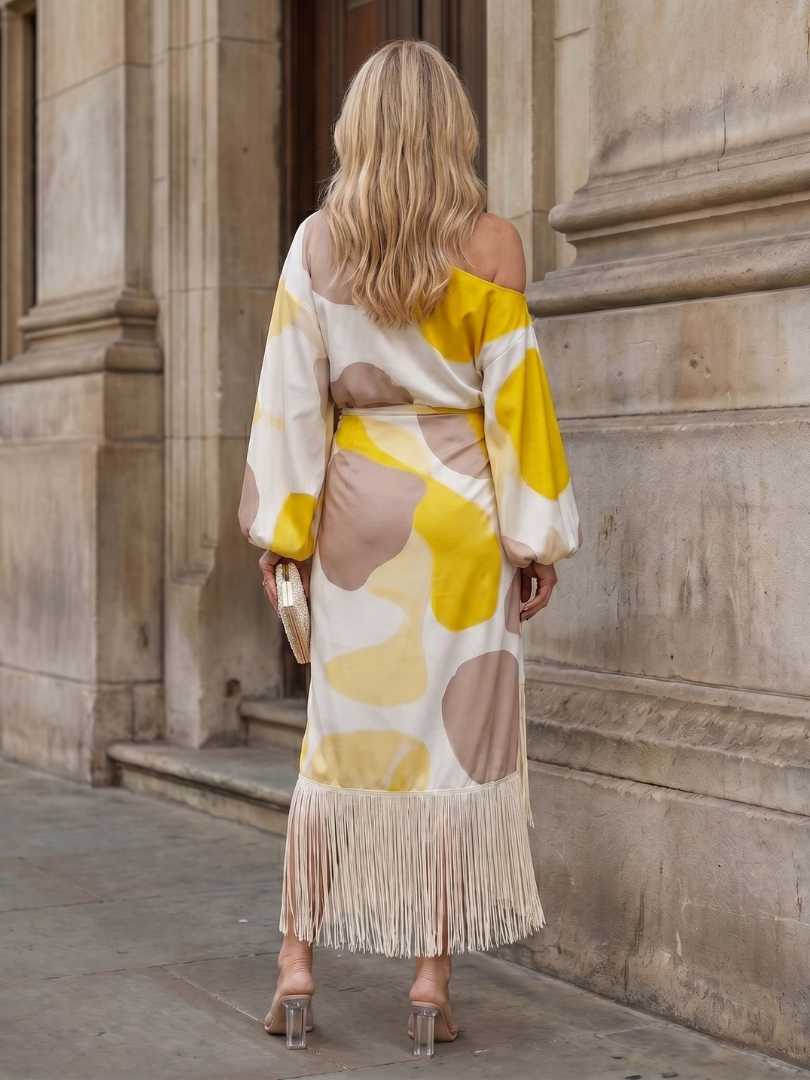 Koda | Robe Midi à Imprimé Abstrait avec Ourlet Frangé