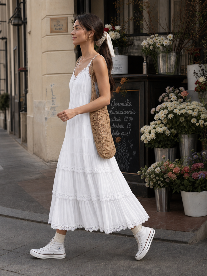 Lorelei | Robe midi à bretelles spaghetti avec couches de dentelle superposées