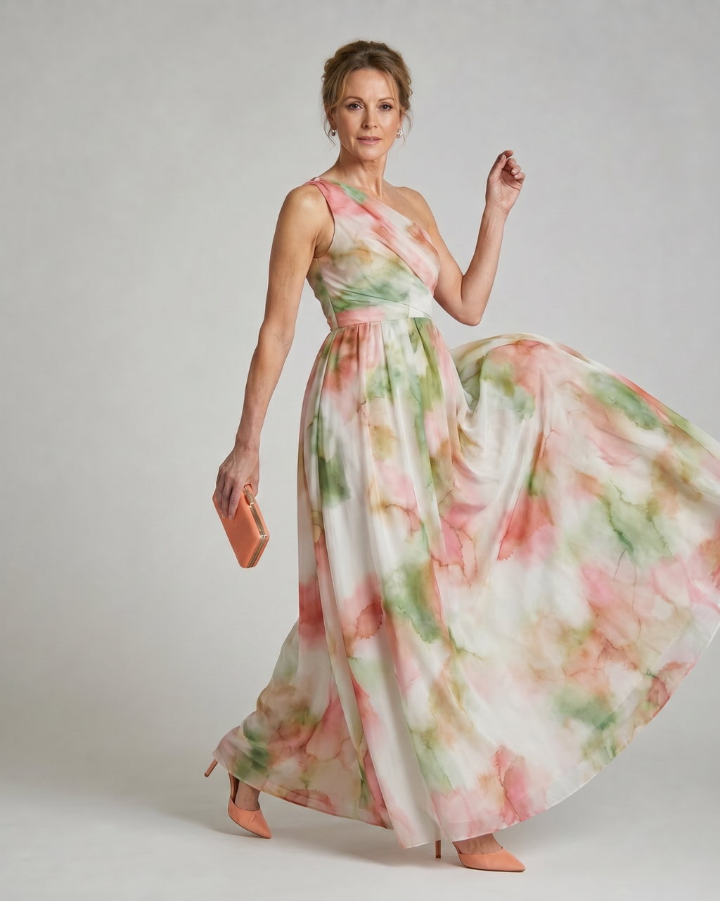 Olene | Robe Maxi Fluide à Une Épaule Aquarelle
