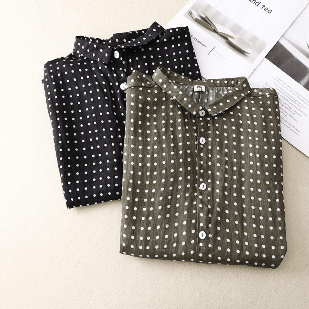 Chemise en Coton et Lin à Manches Courtes avec Imprimé à Pois pour Femme