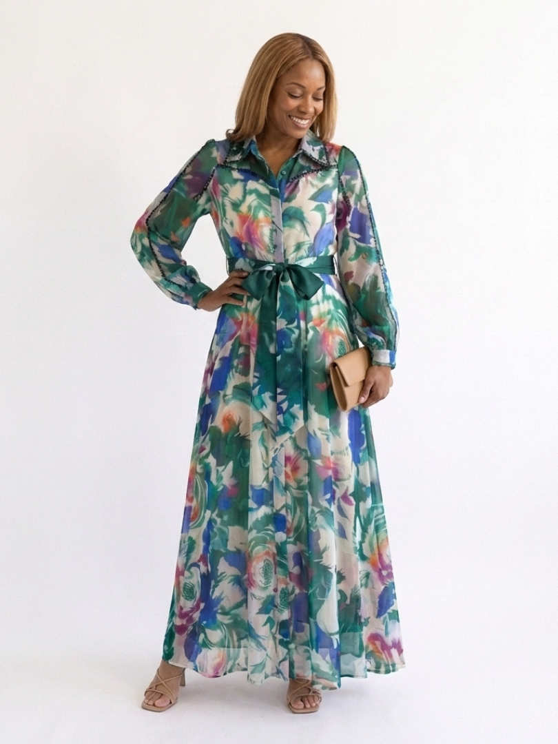 Carolina | Robe Maxi Imprimée à Manches Longues et Ceinture