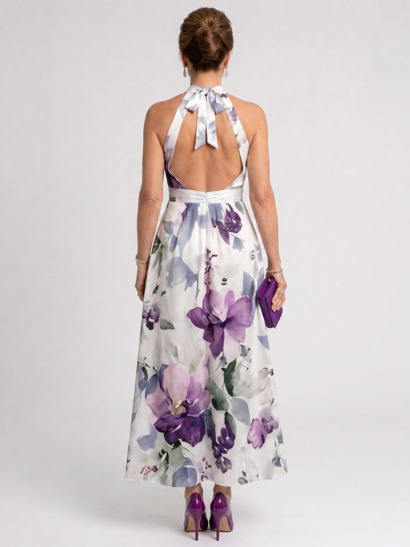 Omego | Robe Midi Fluide à Col Halter avec Motif Floral Aquarelle