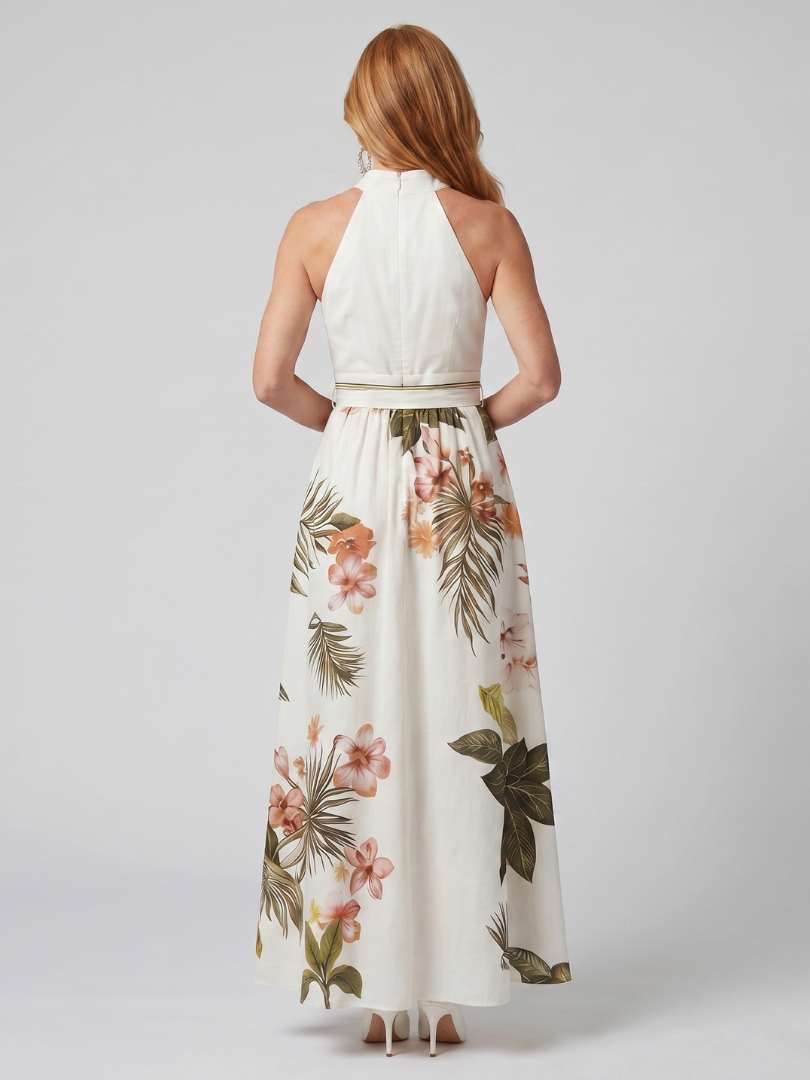 Prairie | Robe maxi à panneaux botaniques avec col halter drapé
