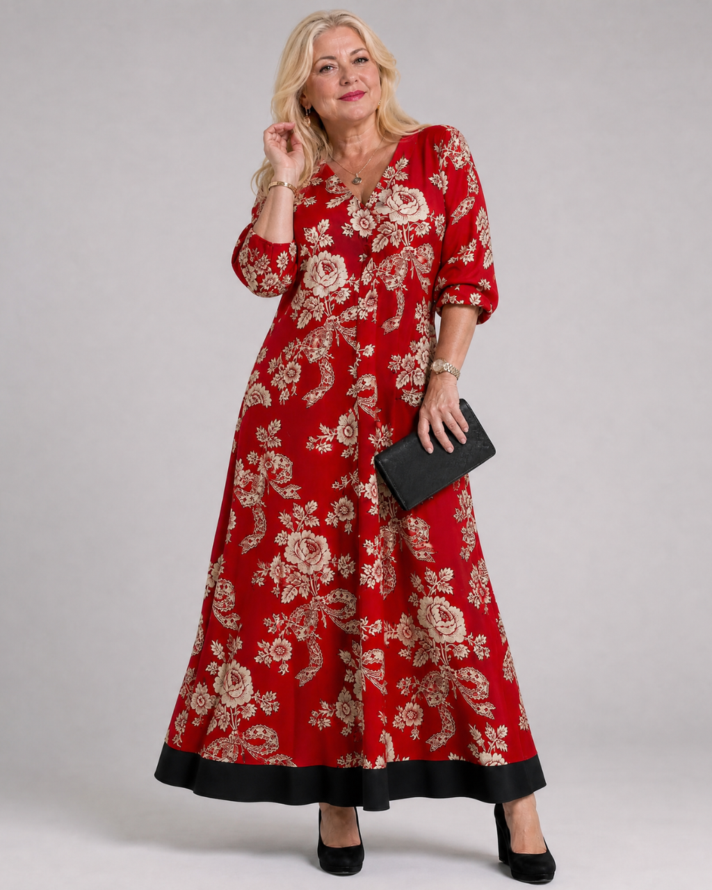Thopal | Robe Midi Relaxée à V Col en Fleurs Vintage