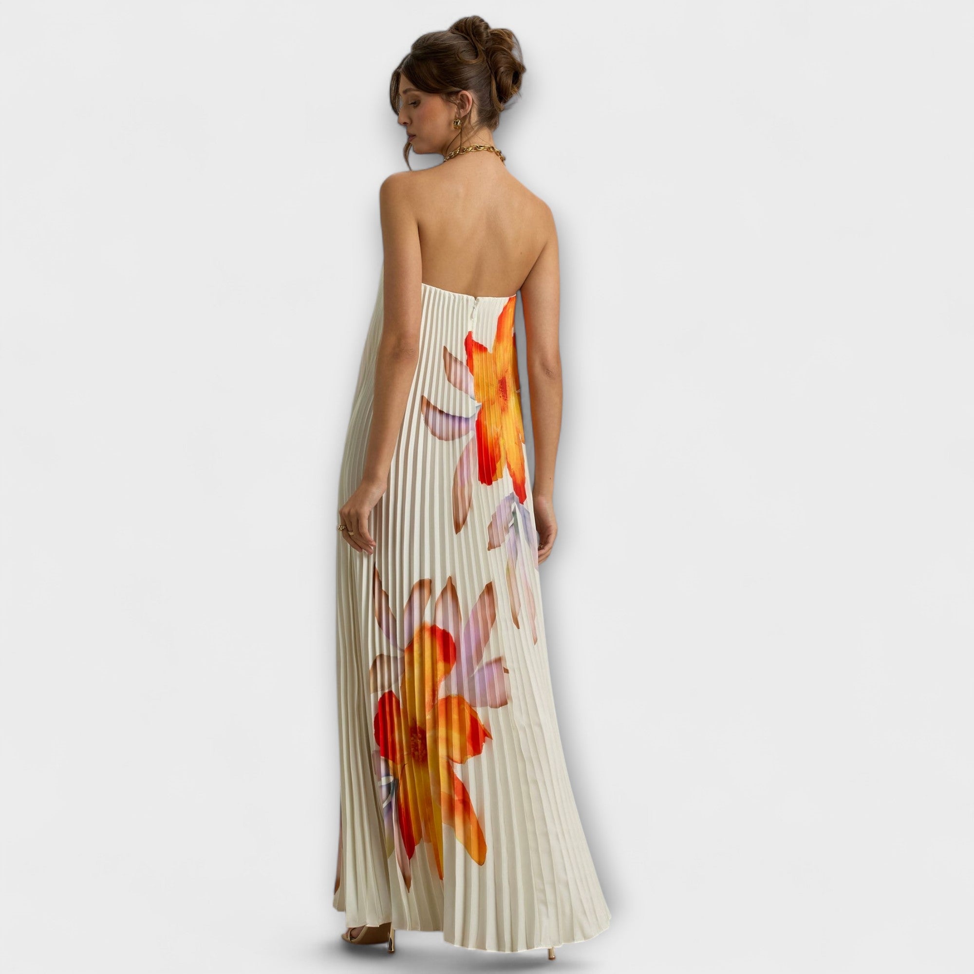 Robe Longue Bustier Plissée avec Corset et Imprimé Floral