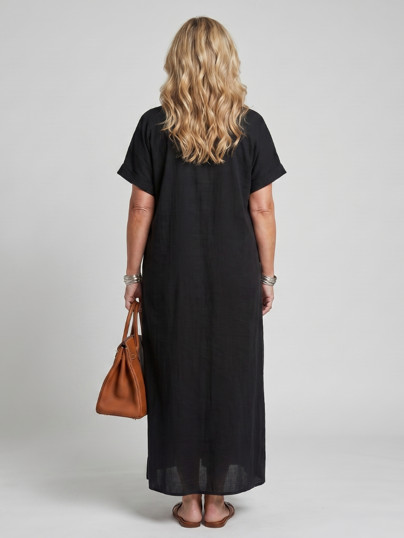 Calluna | Robe Midi à Manches Courtes en V avec Détails Brodés