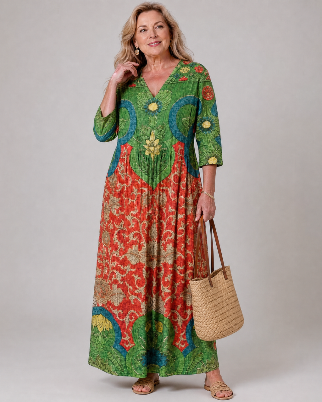 Zeloria | Robe Midi Relaxed à Manches Trois Quarts avec Imprimé Vintage Abstrait