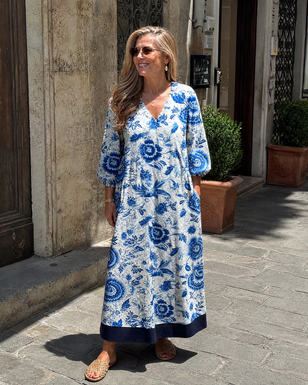 Celope | Robe Midi Détail Floral en Porcelaine Bleue