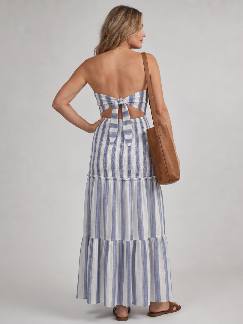 Azaria | Robe midi à bretelles et jupe à rayures superposées