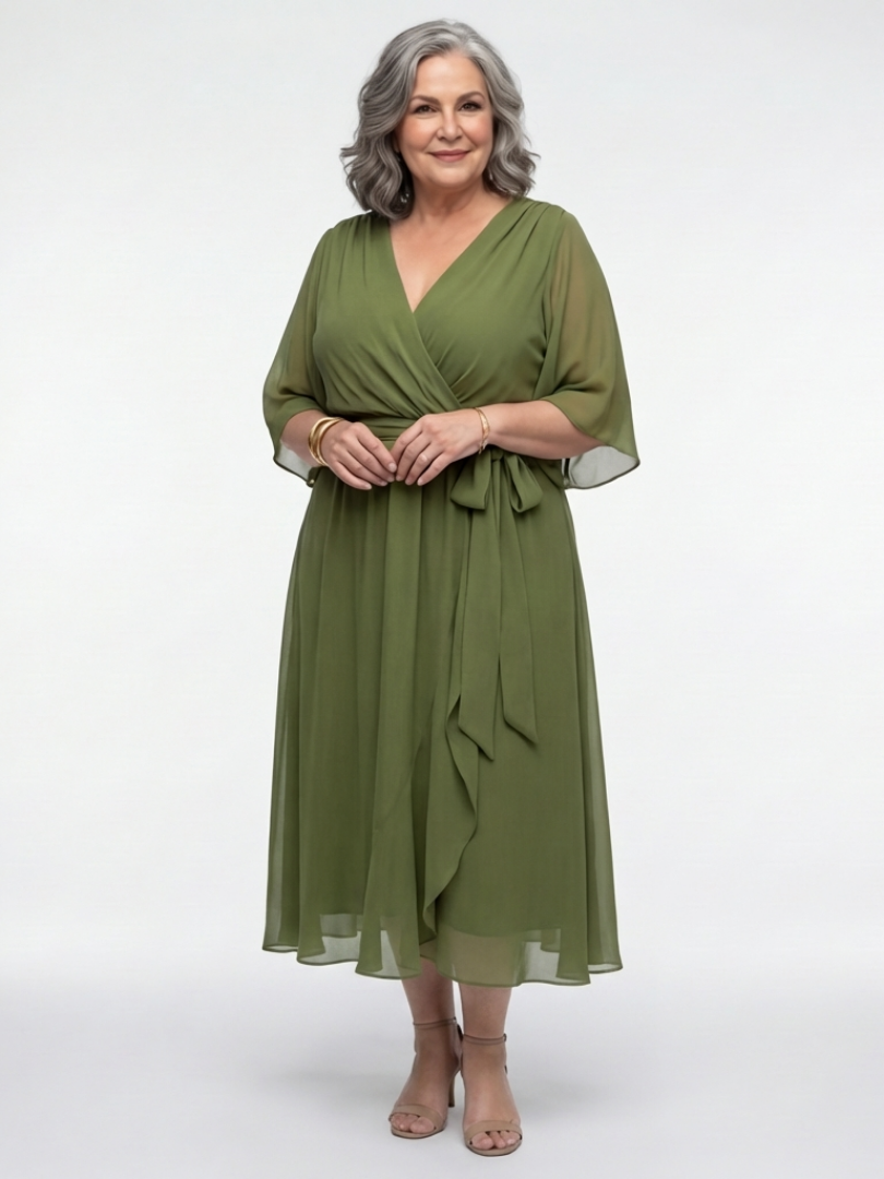Elysia | Robe Midi Drapée à Décolleté en V avec Ceinture