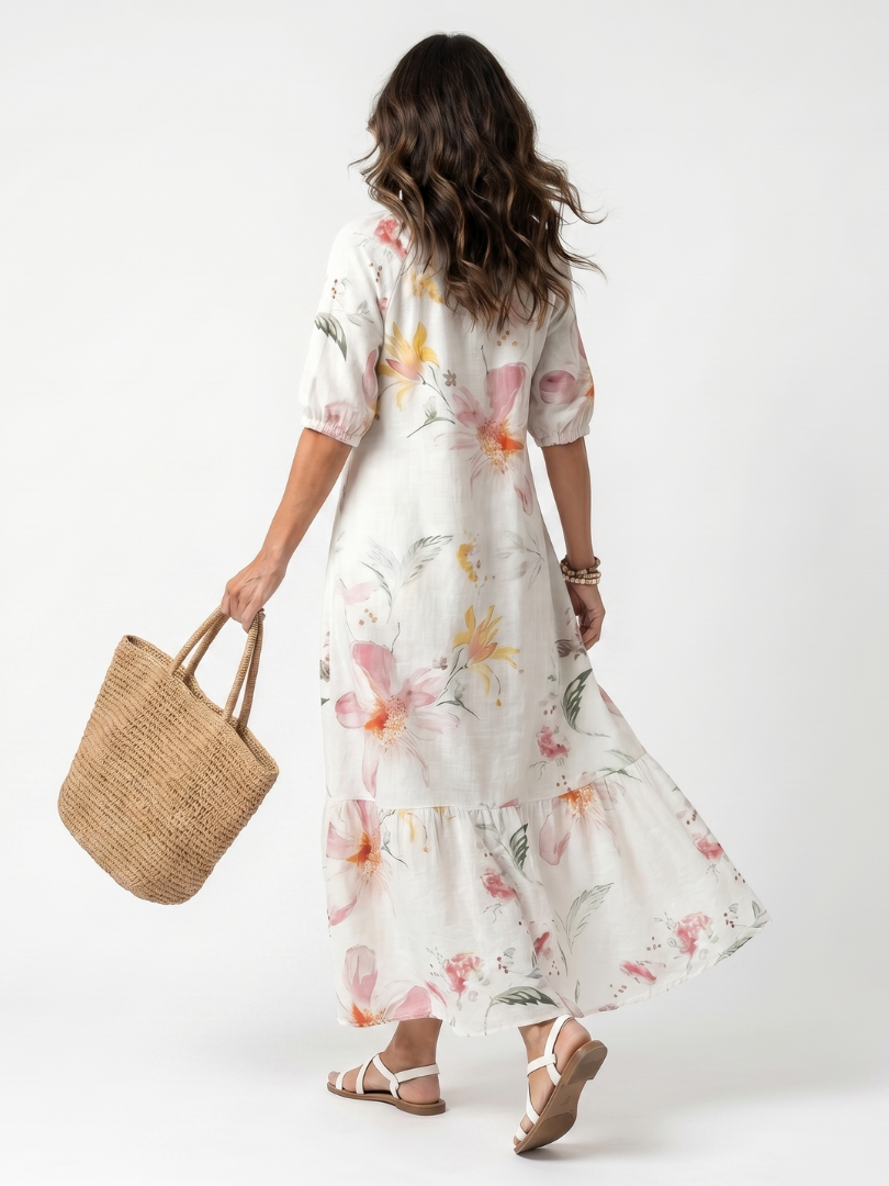 Noa | Robe midi à volants florale douce avec pompons