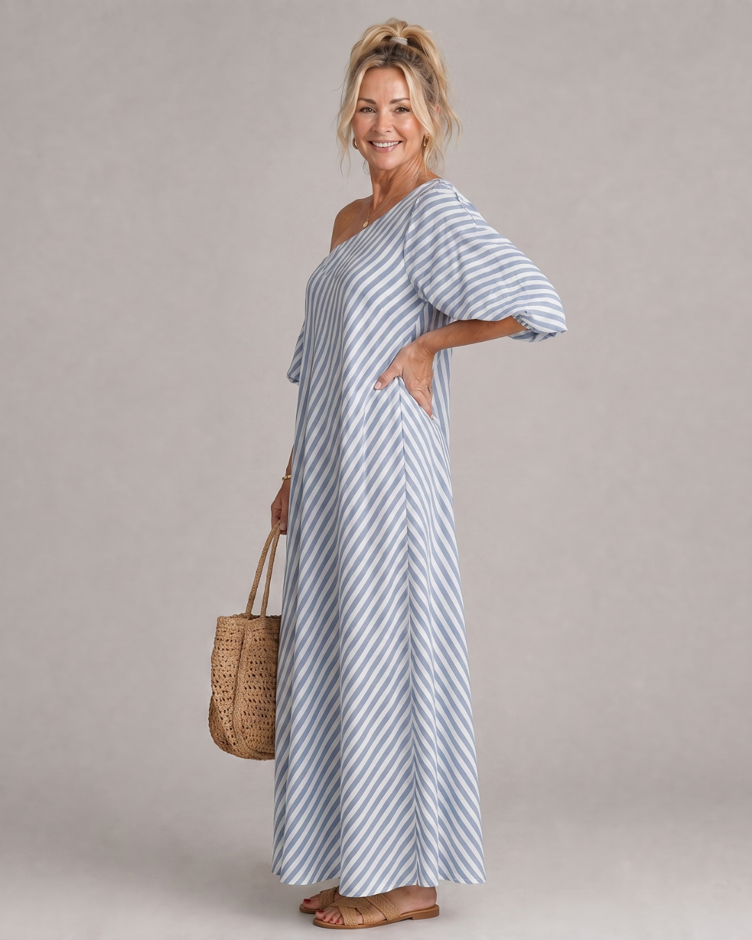 Zamrina | Robe Midi à Manches Bouffantes Rayée Décolleté Bardot