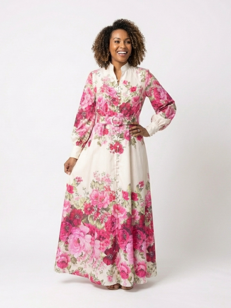 Kennedy | Robe Maxi Florale à Manches Longues avec Ceinture