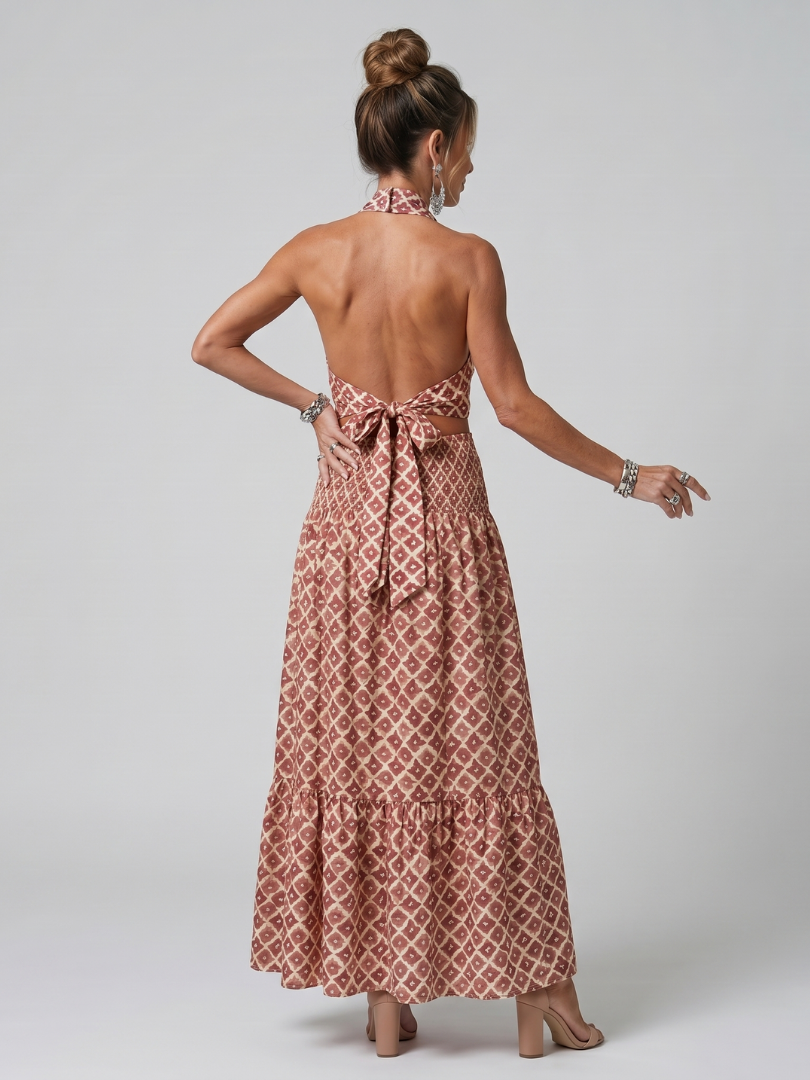 Amira | Robe Midi Découpée à Imprimé Géométrique à Encolure Croisée