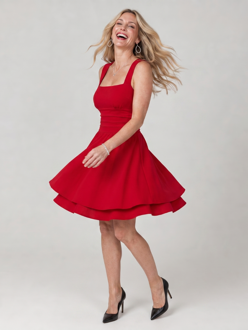 Celen | Robe Mini à Bretelles Carrées et Jupe Évasée