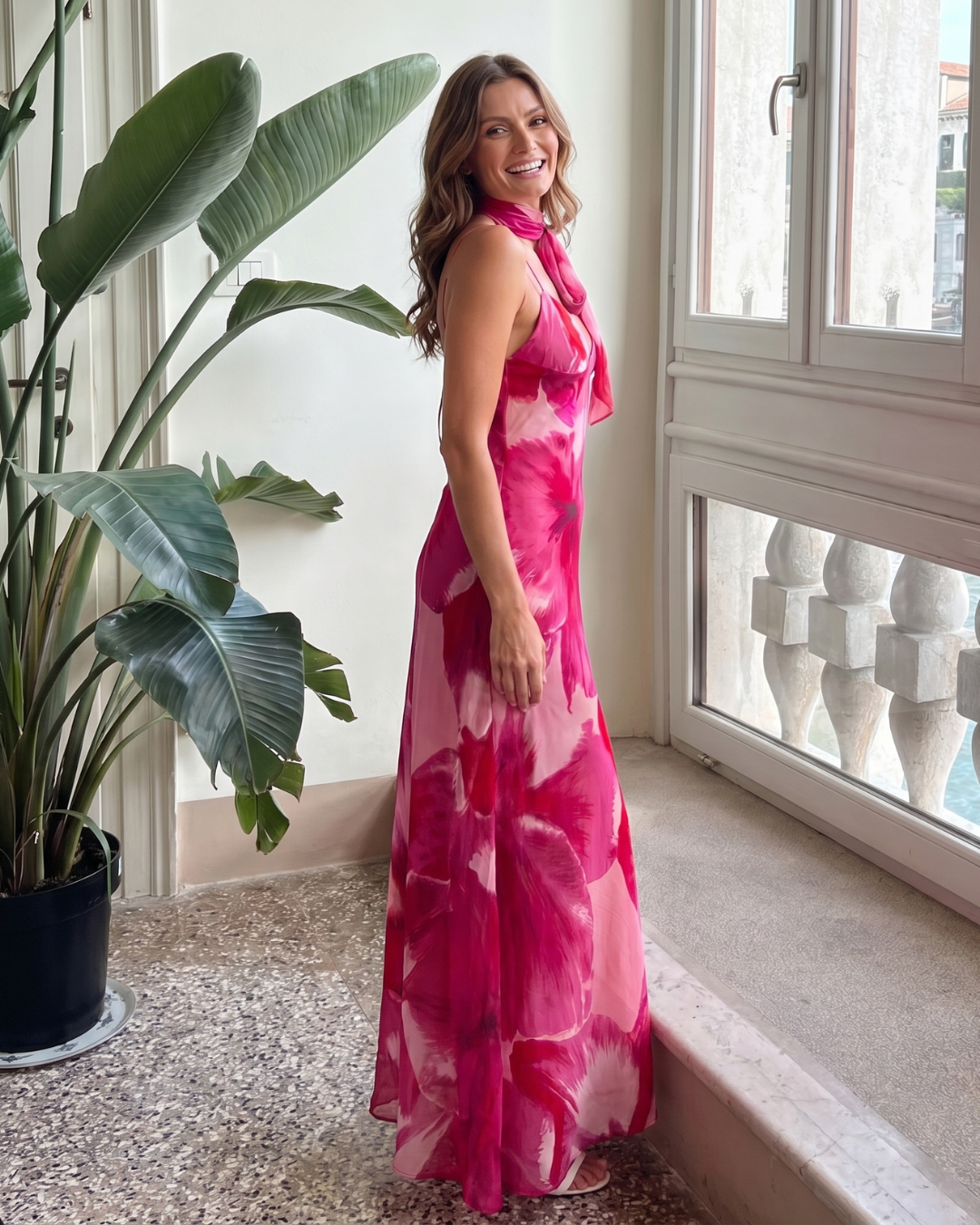 Najem | Robe Midi Sans Manches Imprimé Aquarelle à Décolleté Profond