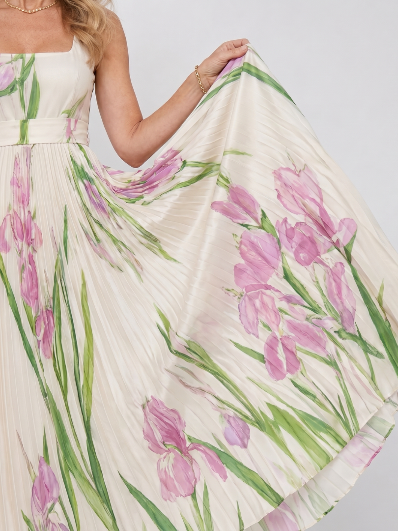 Vimele | Robe Midi Sans Manches à Encolure Carrée Plissée