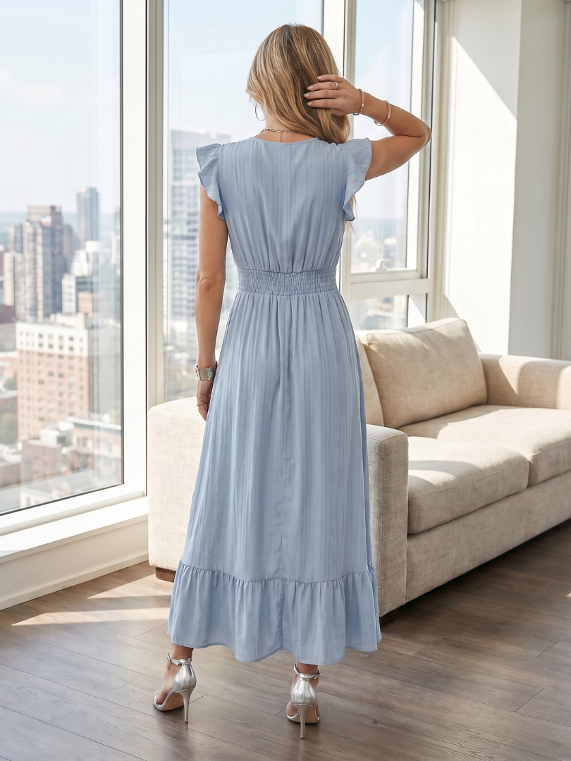 Clou | Robe Midi à Manches Volantes et Taille Smockée
